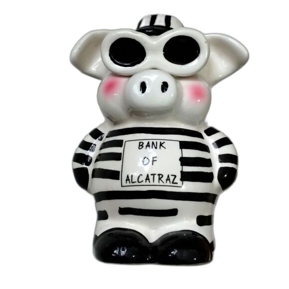 Ceramic Piggy Bank of Alcatraz with Stopper Pig Inmate in Pinstripes - Picture 1 of 6